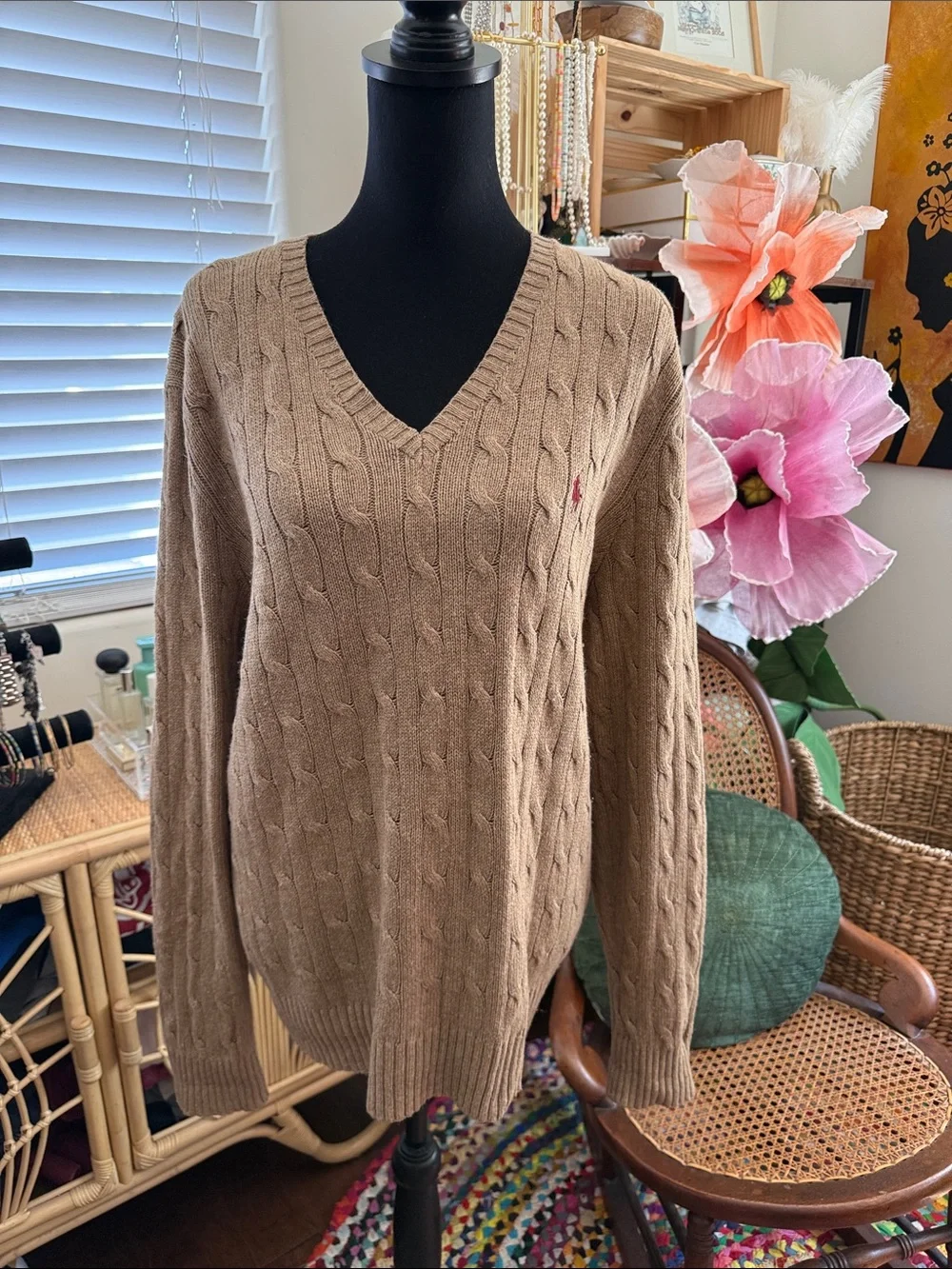 Vintage 90s Polo Ralph Lauren Tan Tussah Silk Cable Knit V-neck Hamptons Sweater